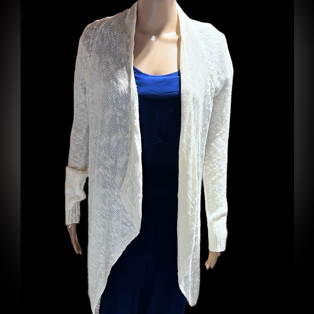 Faded Glory Women’s Large White Stripe Open Front Cardigan Sweater